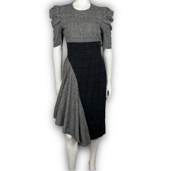 AMUR Uma Dress Wool Glen Plaid Puff Sleeve Asymmetrical Academia Preppy Career - Picture 4 of 16